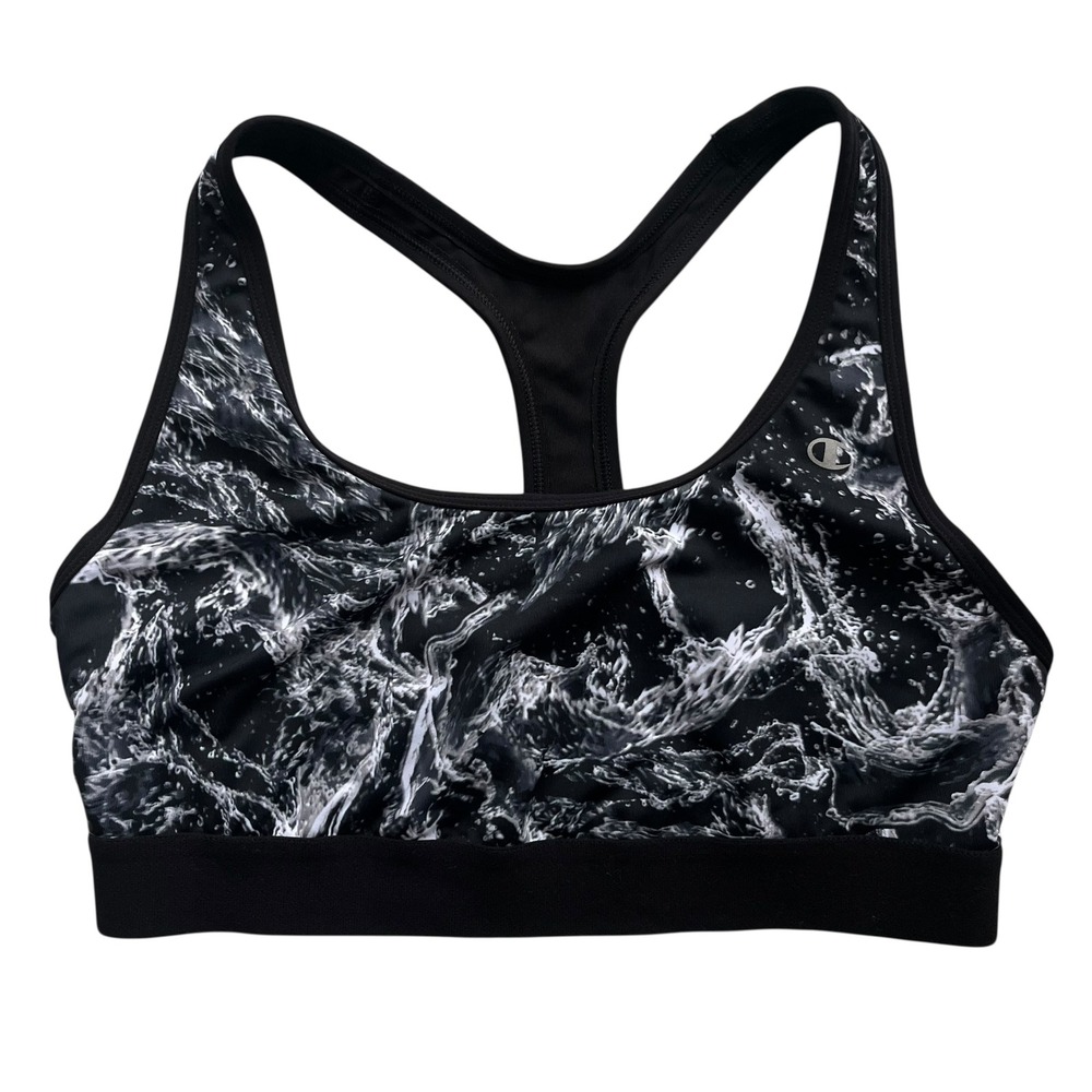 Champion Women's XL Black White Marble Water Print Racerback Athletic Sports Bra